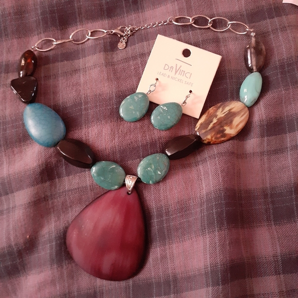 Necklace Earings Set Turquoise Colours Stone Shapes Artificial - Picture 5 of 16